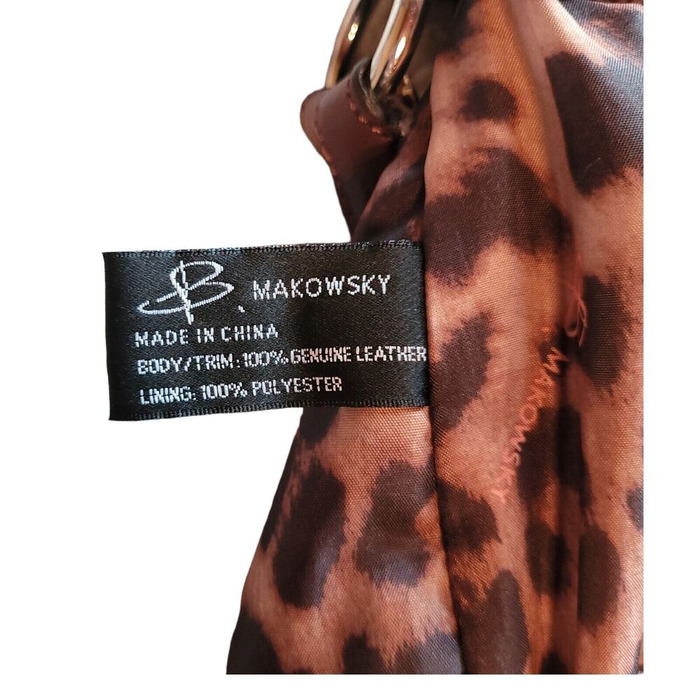 B Makowsky Brown Tan Pebbled Leather Leopard Print Lining Zip Handbag Purse Bag - Picture 9 of 11